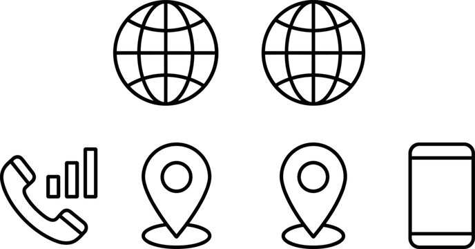 Minimal Communication and Navigation Icon Collection Featuring Globe, Phone, Location, and Mobile Interface Design Elements
