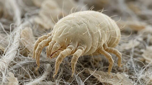 Macro dust mite microscopic closeup, hairy microorganism biology texture, tiny parasite science detail, magnified health allergy