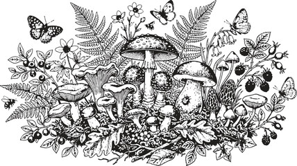 Obraz premium Vintage mushroom and forest plants vector illustration, black and white engraved wild mushrooms, ferns, berries and butterflies hand drawn sketch
