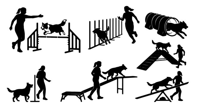 Dog Agility Training Silhouettes: 9 Vector Icons for Canine Sports, Obedience, and Pet Activities