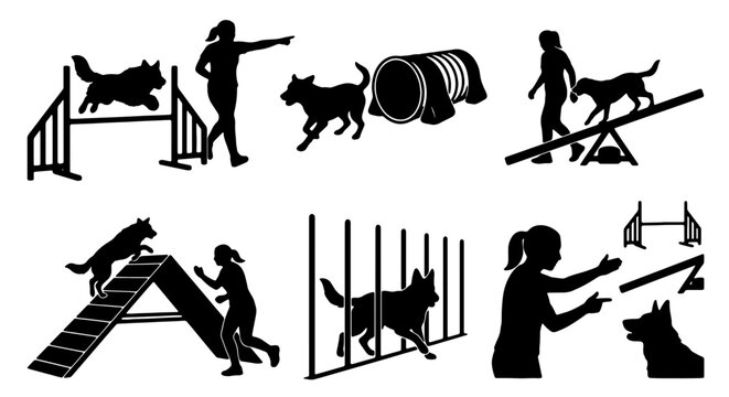 Dog Agility Training Set, Canine Obstacle Course Silhouettes, Pet Sports Competition Vector Icons, Animal Obedience Training Graphics