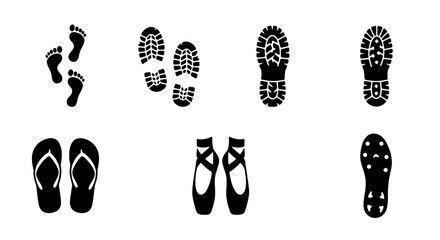 Footprint Icons Set: Diverse Shoe Prints, Bare Feet, Flip-Flops, Ballet Slippers, Soles, Vector Graphics for Walking, Movement, and Footwear Concepts © Rashidul