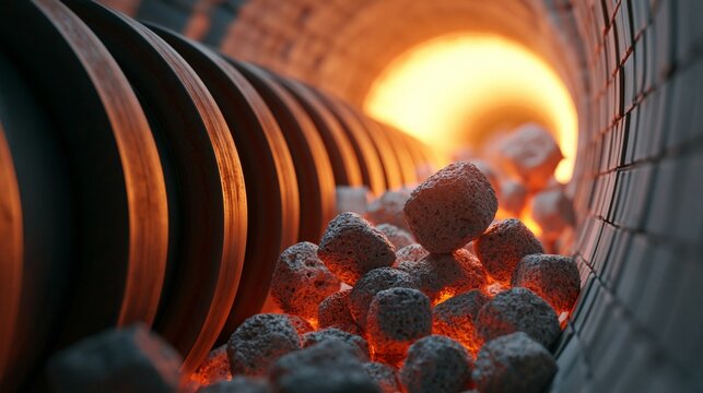 Photorealistic medium view focusing on clinker tumbling inside a cement plants rotary kiln with vivid furnace glow casting dramatic shadows on steel rollers and blurred brick