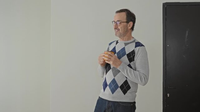Man holding yellow cup with both hands in building, wearing argyle sweater and glasses, looking sideways and standing near plain door; quiet morning calm.