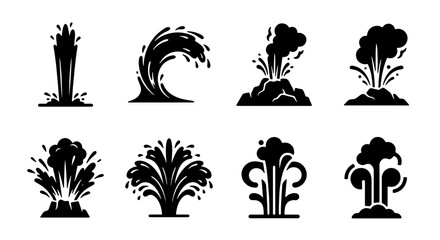 Explosion and Water Burst Icons Set, Dynamic Liquid Splash and Eruption Vector Graphics, Energy Release and Impact Symbols © Rashidul