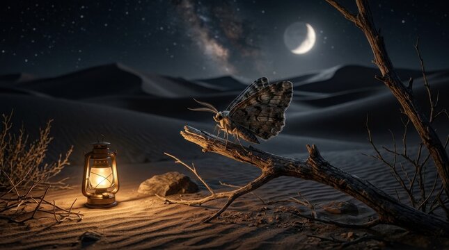 Small moth in a dry desert with sand dunes and moon, night wings and a lamp light, surreal fragility and silence, unusual insect