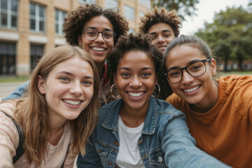 Fototapeta premium Group of young students smiling happily for a selfie on a university campus