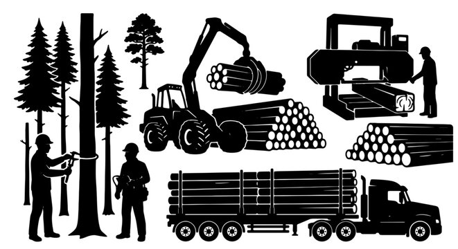 Forestry and Logging Vector Icons: Lumberjack, Chainsaw, Timber Truck, Excavator, Sawmill, Wood Industry Set