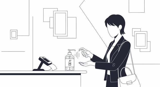 Woman sanitizing hands at counter with payment terminal and artwork in background