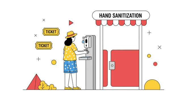 Woman sanitizing hands at event entrance with ticket booth and hand sanitization station