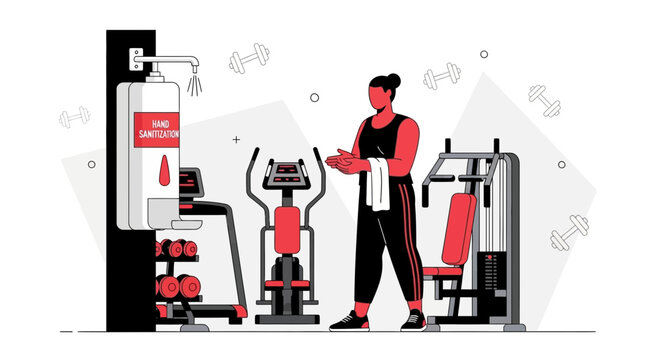Woman sanitizing hands in gym with exercise equipment and hand sanitizer dispenser