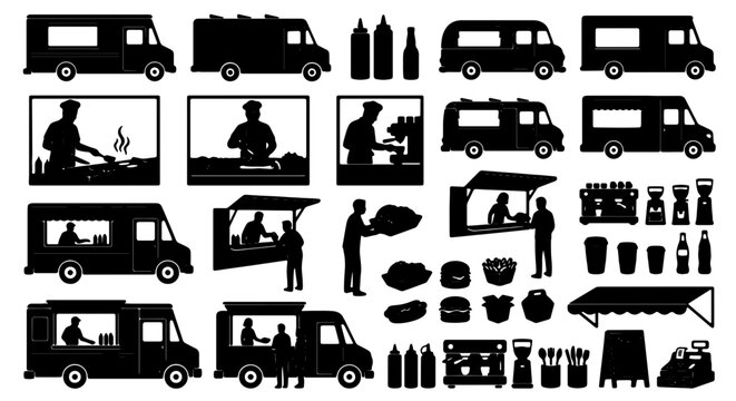 Premium Food Truck Icons Set, Mobile Kitchen Vector Graphics, Street Food Vendor Silhouettes, Diverse Culinary Business Elements, Commercial Food Service Collection