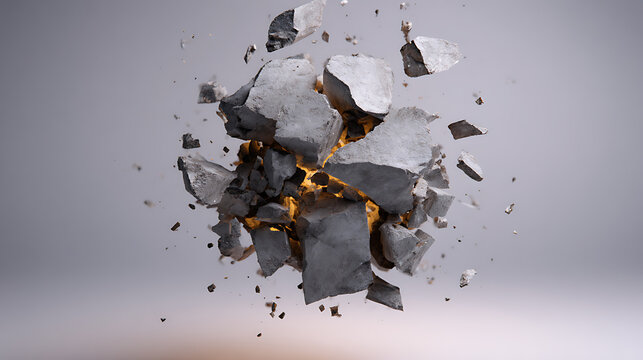 Abstract explosion of dark rock fragments with glowing orange core mid-air against a soft gradient background, dynamic rupture concept