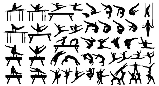 Premium Gymnastics Silhouette Icons Set: Dynamic Poses and Apparatus, Vector Graphics for Sports and Fitness Concepts