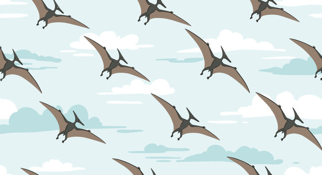 Prehistoric seamless pattern for children featuring Pterodactyl dinosaurs flying through a soft blue sky filled with white clouds.