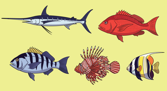 Illustration of five diverse tropical fish species including a striped snapper and a prickly lionfish swimming against a yellow backdrop.