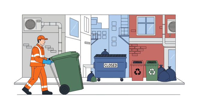 Waste Collector Pushing Wheelie Bin on Street with Recycling Bins and Dumpster