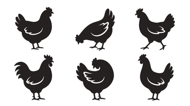 different black hen silhouettes on a clean white background, minimalist vector style.