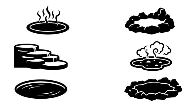 Hot Spring Icons, Spa Pools, Geothermal Vents, Relaxation Elements, 6 Vector Graphics Set