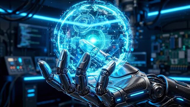Slow motion tracking shot of robotic hand holding holographic globe inside futuristic laboratory environment