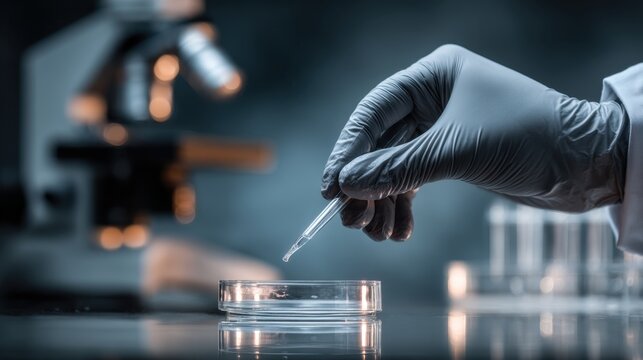 Gloved hand using pipette above empty petri dish on lab bench for precise testing and laboratory research presentation background poster and training materials