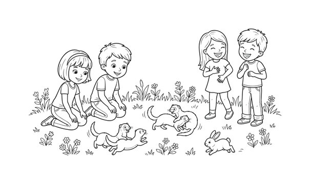 Ferret fun scene with kids kneeling and observing playful ferrets tumbling around, friends laughing nearby, grass, small plants,