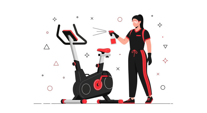 Woman cleaning exercise bike with disinfectant spray, gym hygiene, fitness equipment sanitization