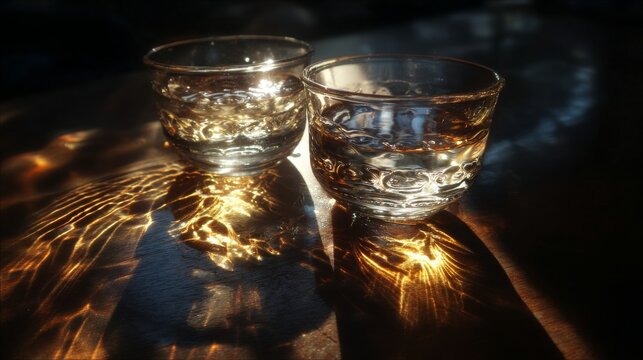 Glass caustic light reflections and ripple shadows on dark background. 