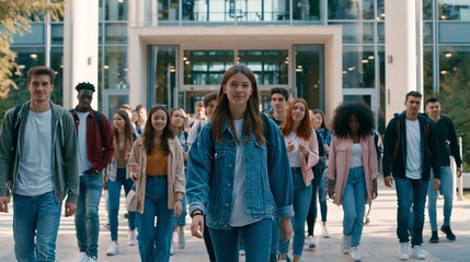 Obraz premium Diverse Group of Students Enters University Building for Entrance Exams on Modern Campus in Bright Daylight
