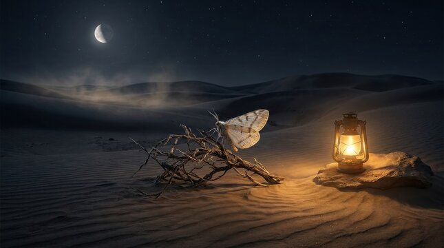 Small moth in a dry desert with sand dunes and moon, night wings and a lamp light, surreal fragility and silence, unusual insect