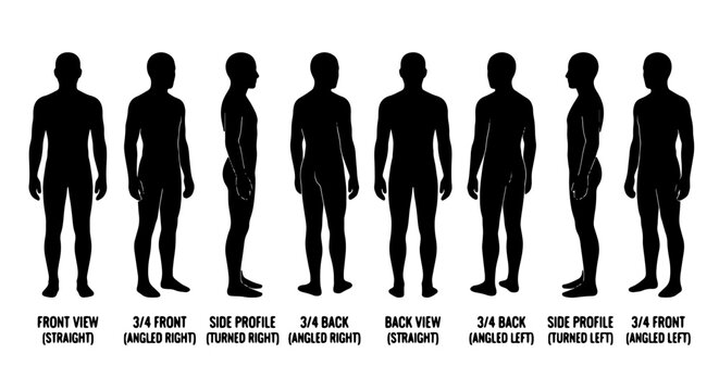 Male Human Figure Silhouettes: Multiple Angles and Poses, Front, Side, and Back Views, Vector Illustration for Design and Anatomy Studies