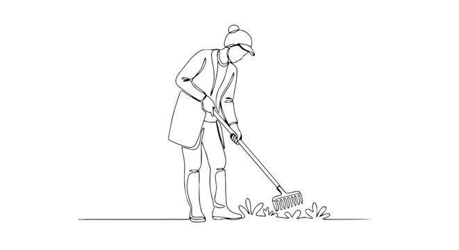 Person raking leaves in a garden one line drawing. Continuous line art illustration of yard work and spring cleaning. Minimalist vector graphic isolated on white background
