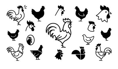 Rooster icon set vector outline farm poultry symbols isolated on white © MdMiraz