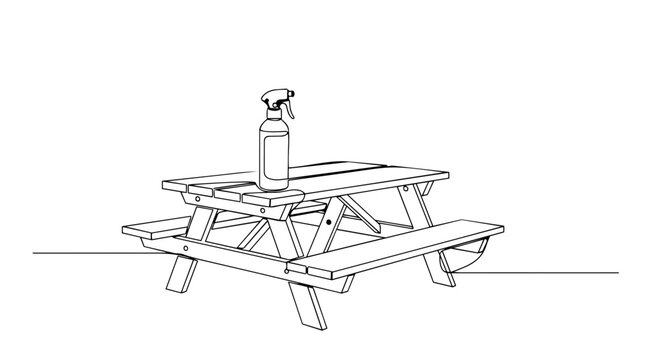 Picnic table with spray bottle one line drawing. Minimalist continuous line art vector illustration. Outdoor furniture and cleaning concept isolated on white background