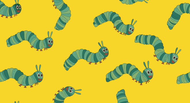 Cute green cartoon caterpillar character with a happy expression featured in a seamless repeating pattern on a vibrant yellow background.
