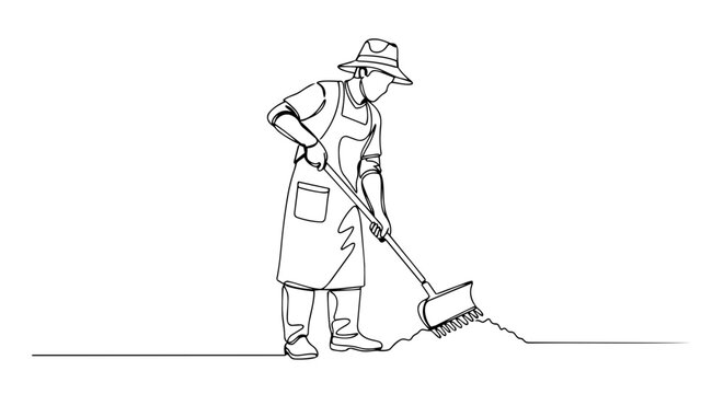 One line drawing of a gardener raking soil. Minimalist continuous line vector illustration of spring yard work