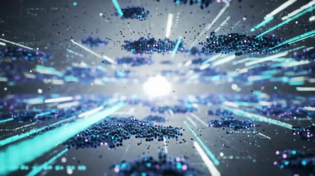 A smooth dolly video through an awe-inspiring, hyper-futuristic digital network. Pulsating cerulean & violet nodes, radiant teal & white data streams, and a glowing central hub emphasize limitless
