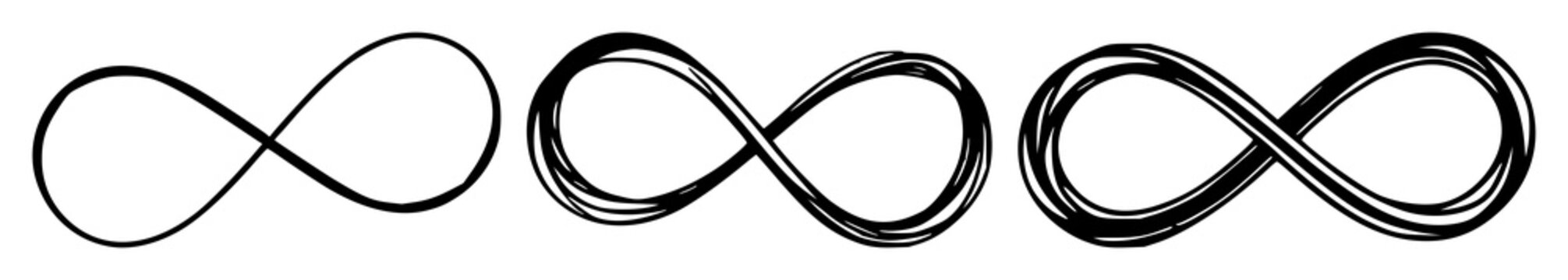 Infinity icon set with black line art on white background featuring stylized, simple, geometric design with infinity symbolism and vector illustration
