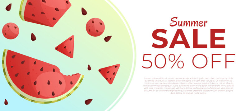 Watermelon. Watermelon slices and a bitten watermelon. Hello summer. Sale. Summer sale. Watermelon Day. Poster. Template with space for text.