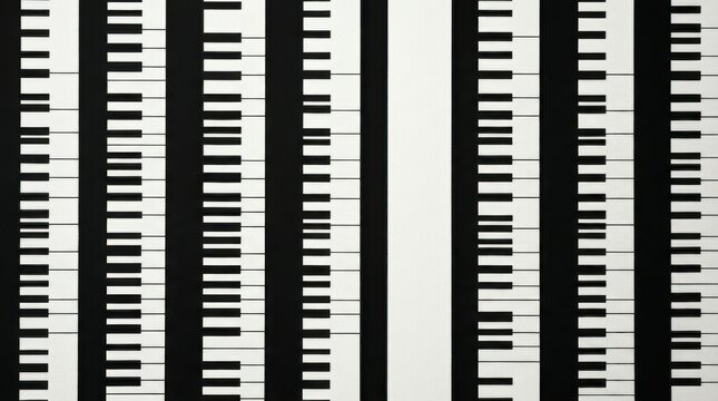 Black and white piano key pattern background featuring a music keyboard graphic with bold vertical stripes. This repeating