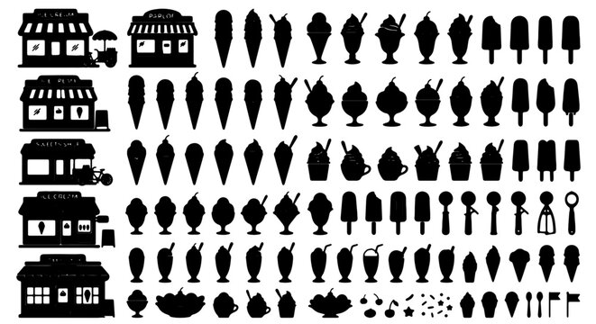 Vector Icons Set: 50+ Ice Cream & Dessert Shop Silhouettes, Frozen Treats, Cones, Popsicles, Sundaes, and Sweet Shop Facades for Food Service and Cafe Branding