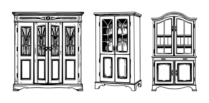 Cabinet set with black line art design on white background featuring vintage, decorative, ornamental lines with cabinet, hinges