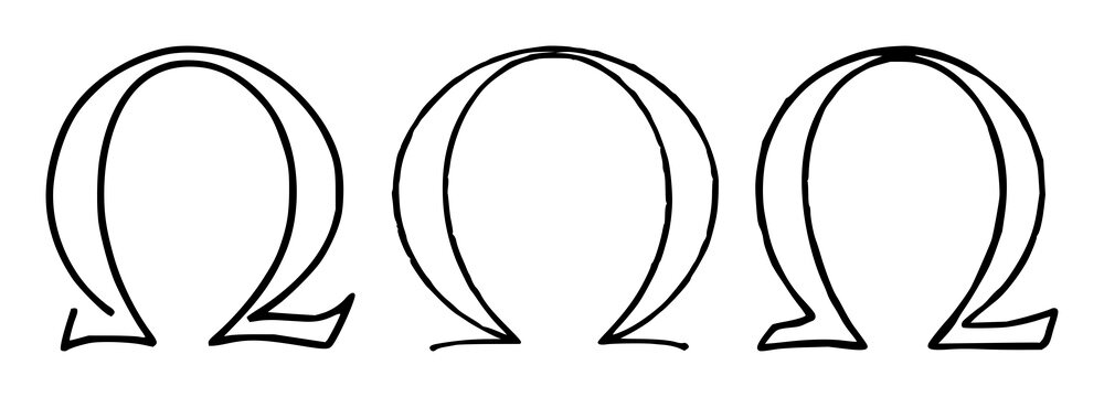 Black line art, white background: stylized omega icon set with simple line art design featuring line art, illustrations, graphic resources with vector and design elements