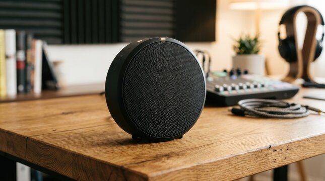 Round speaker on a wooden table for audio technology and music sound equipment. Modern black device, speaker grille texture, and