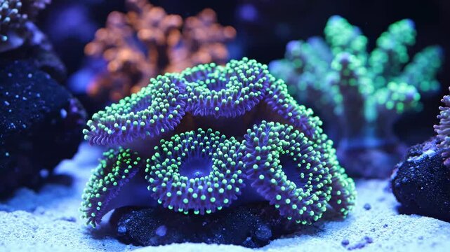 Vibrant Neon Green and Purple Zoanthid Coral Polyps in a Saltwater Reef Aquarium under Blue Actinic Lighting.
