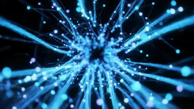 Mesmerizing futuristic digital tunnel: intricate glowing blue, cyan, purple light particles, interconnected nodes, ultra-thin data streams. Slow dolly video through infinite void, elements converging