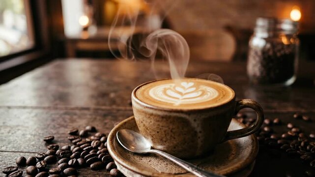 Slow motion pan of latte cup steaming with latte art on wooden table in rustic cafe interior at morning light