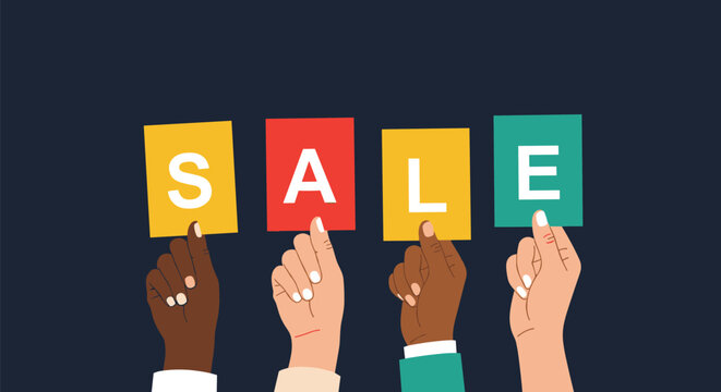 Diverse hands with different skin tones holding up colorful signs that spell the word sale against a dark background for retail promotions.