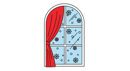 Obraz premium Festive arched window view with a bright red curtain showing a cold winter day with falling snowflakes and a blue sky outside.