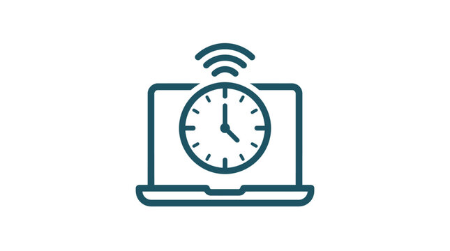 Laptop with clock on screen.